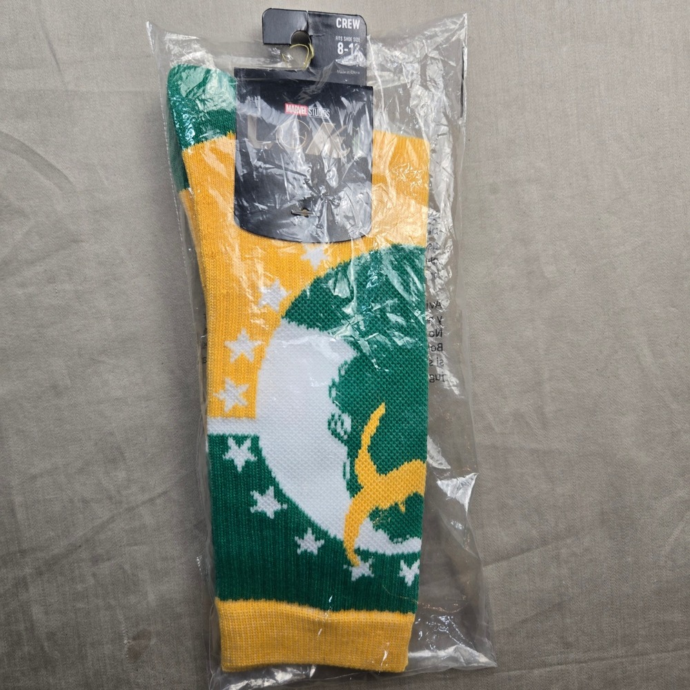 Marvel Studios Loki‎ Crew Socks Green Gold Stars Men Shoe Size 8-12 Bioworld NEW